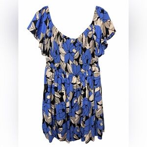 Free People Louise Floral Off The Shoulder Smocked Bodice Mini Dress Blue NWOT